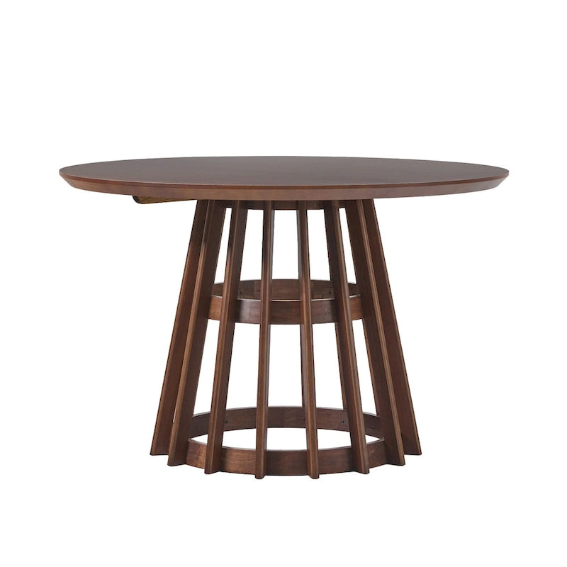 Table à manger ronde en bois à lattes, marron / blanc cérusé, 4 places