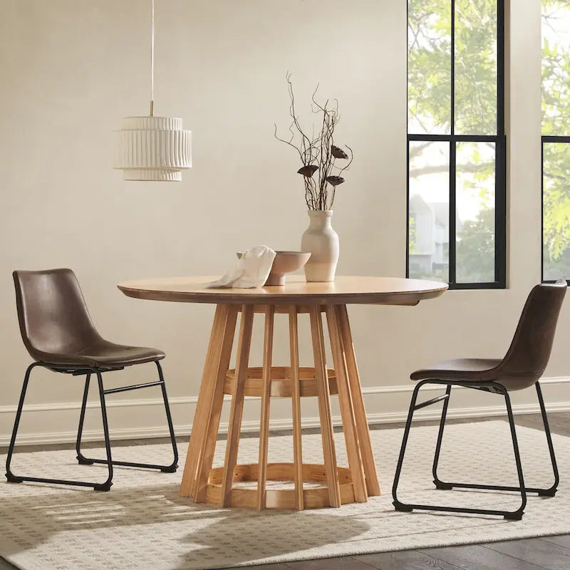 Table à manger ronde en bois à lattes, marron / blanc cérusé, 4 places