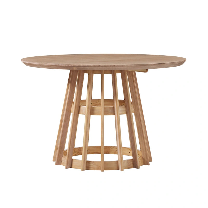 Table à manger ronde en bois à lattes, marron / blanc cérusé, 4 places