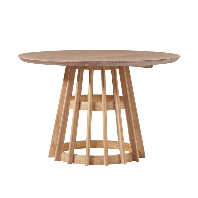 Table à manger ronde en bois à lattes, marron / blanc cérusé, 4 places