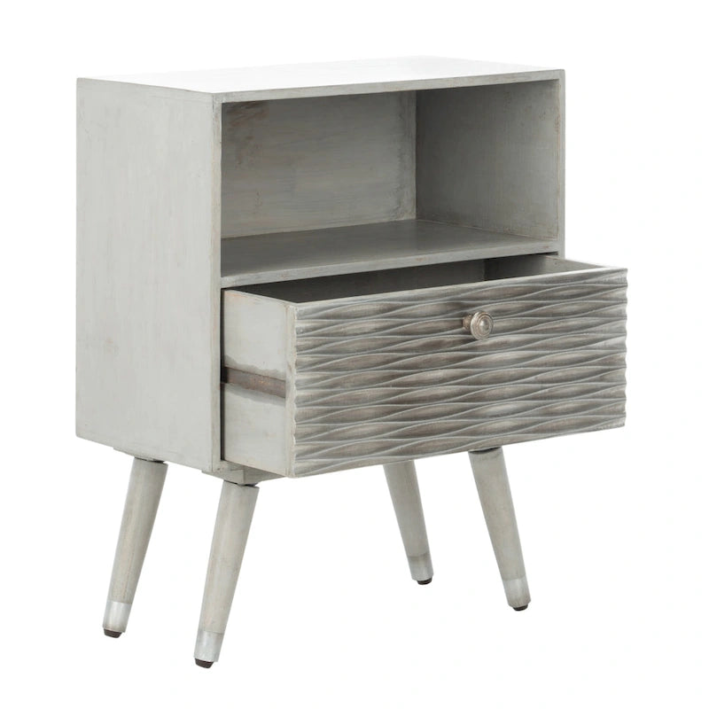 Table de chevet grise noyer à 1 tiroir avec rangement ouvert