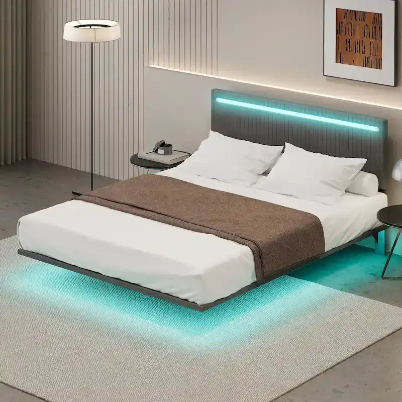 Cadre de lit flottant – Gris / Beige, Taille double, pour 1–2 personnes