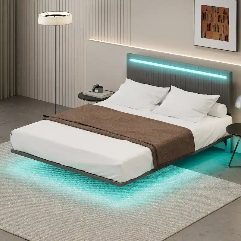 Cadre de lit flottant – Gris / Beige, Taille double, pour 1–2 personnes