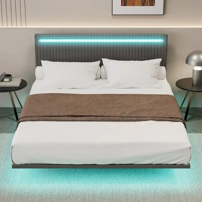 Cadre de lit flottant – Gris / Beige, Taille double, pour 1–2 personnes