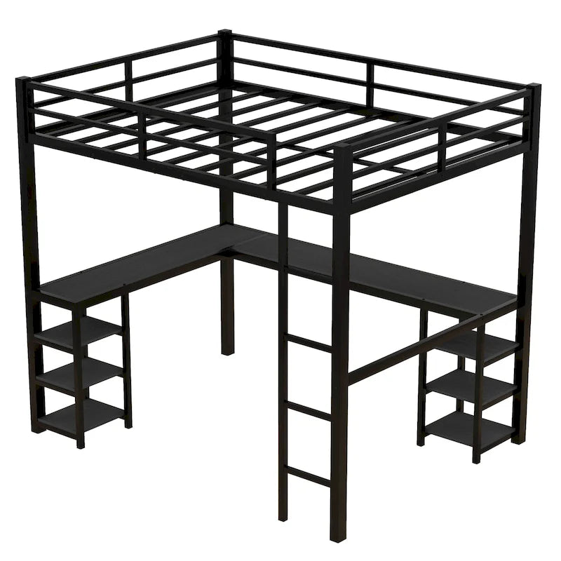 Lit mezzanine noir en métal en L avec bureau et étagères – 1 personne