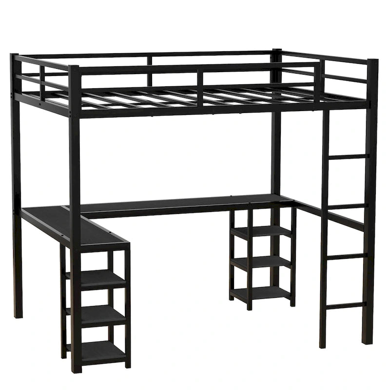 Lit mezzanine noir en métal en L avec bureau et étagères – 1 personne