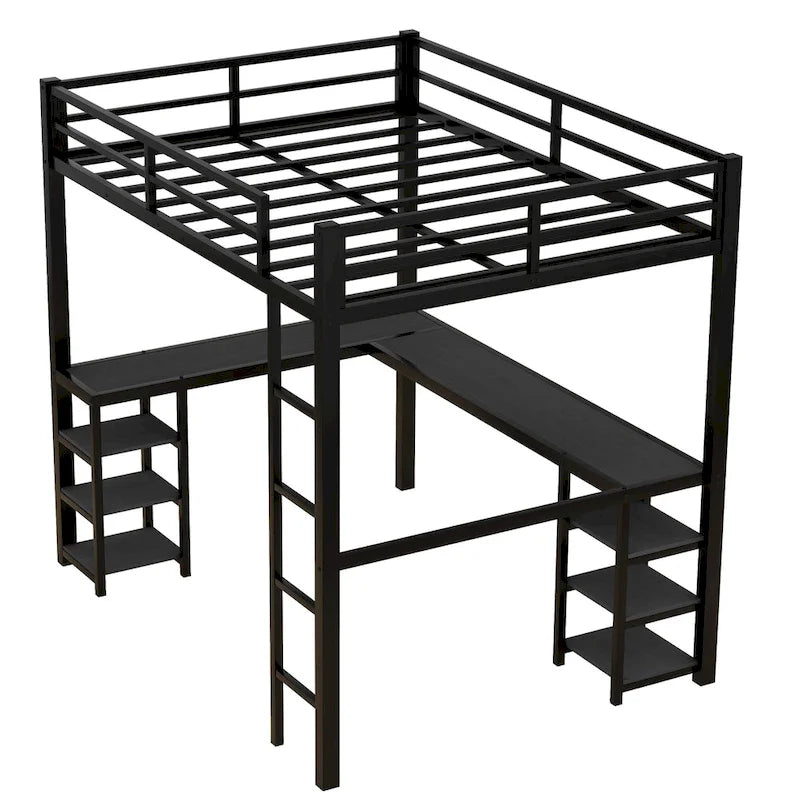 Lit mezzanine noir en métal en L avec bureau et étagères – 1 personne