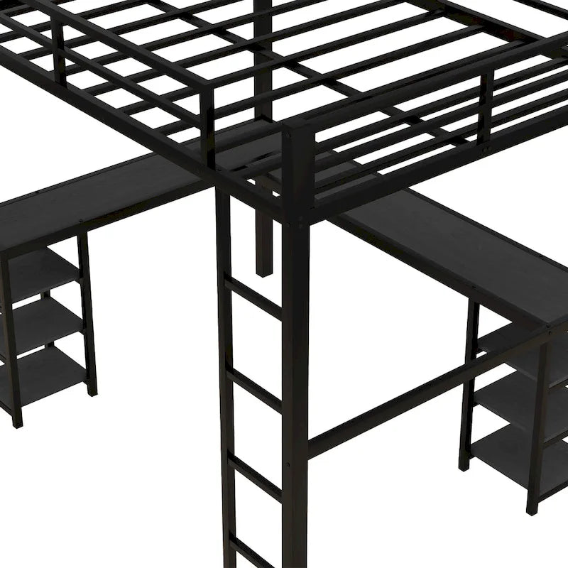 Lit mezzanine noir en métal en L avec bureau et étagères – 1 personne