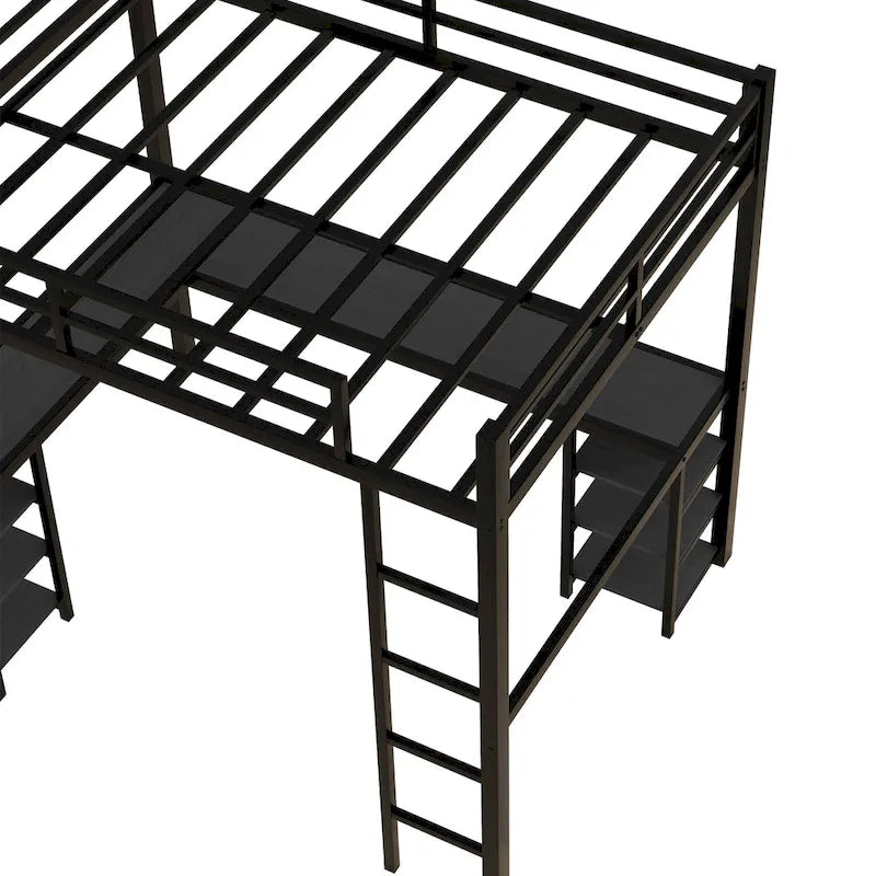 Lit mezzanine noir en métal en L avec bureau et étagères – 1 personne