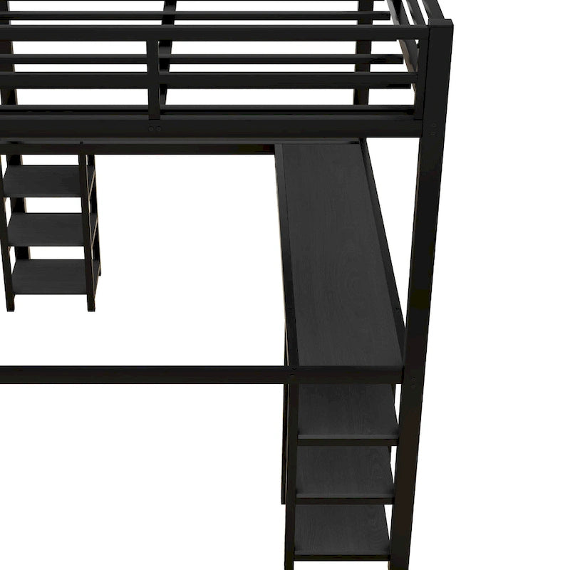 Lit mezzanine noir en métal en L avec bureau et étagères – 1 personne