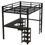Lit mezzanine noir en métal en L avec bureau et étagères – 1 personne