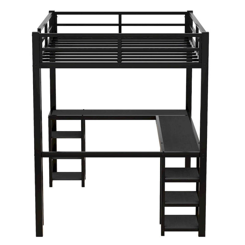Lit mezzanine noir en métal en L avec bureau et étagères – 1 personne