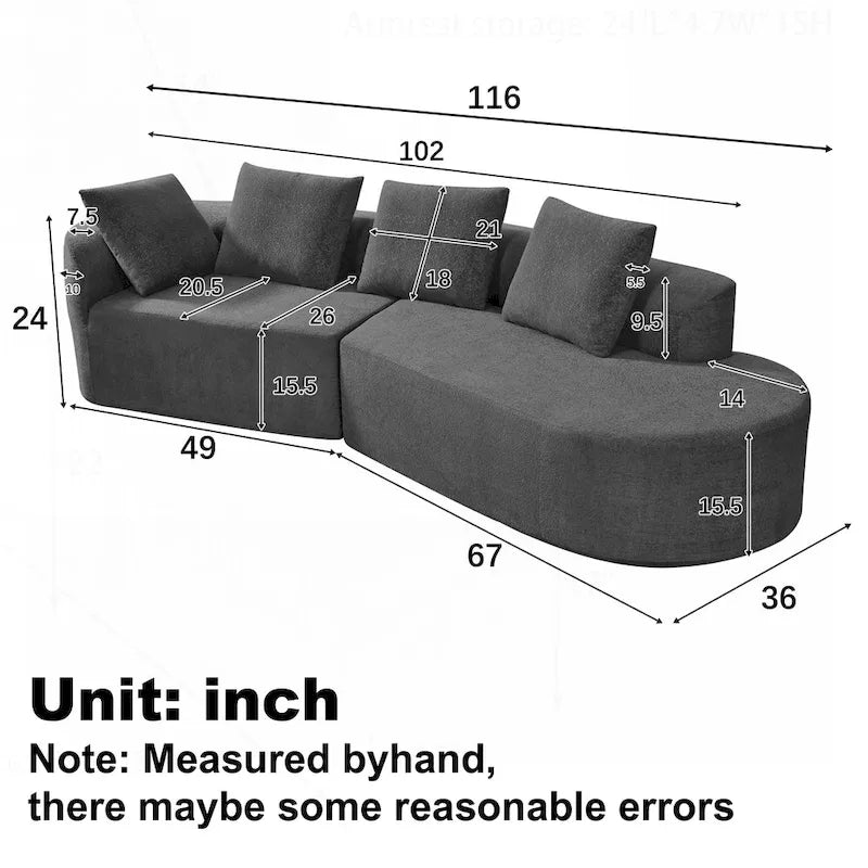 Canapé d'angle incurvé moderne avec revêtement de haute qualité et assise spacieuse