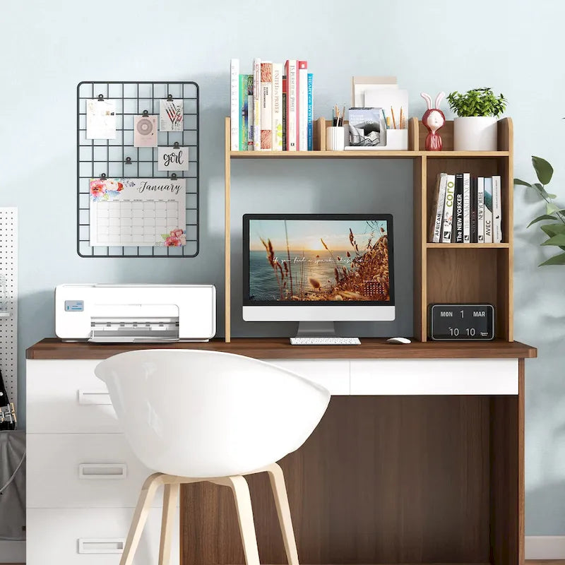 Support d'écran pour étagère de bureau Naturel / Blanc / Marron, 3 niveaux, un seul utilisateur