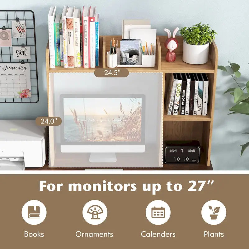 Support d'écran pour étagère de bureau Naturel / Blanc / Marron, 3 niveaux, un seul utilisateur