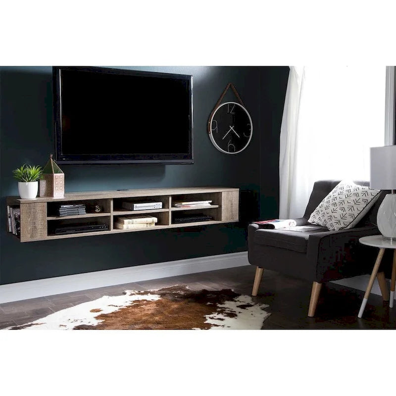 Console TV murale en érable gris / chêne noir / chêne vieilli, 66"