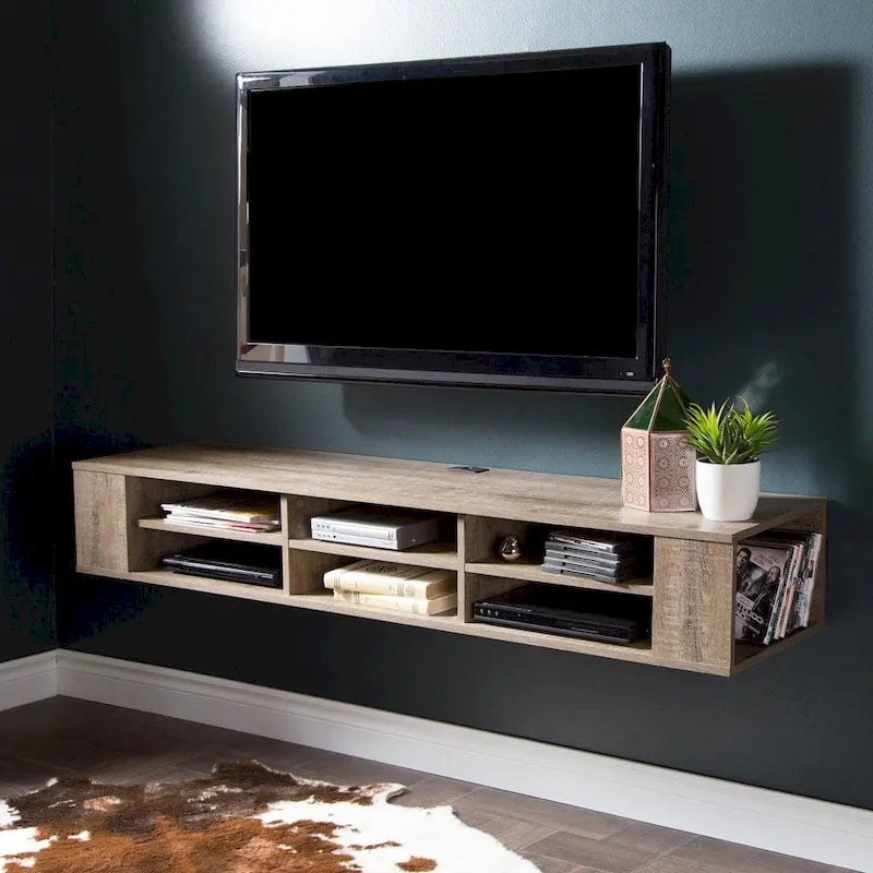 Console TV murale en érable gris / chêne noir / chêne vieilli, 66"