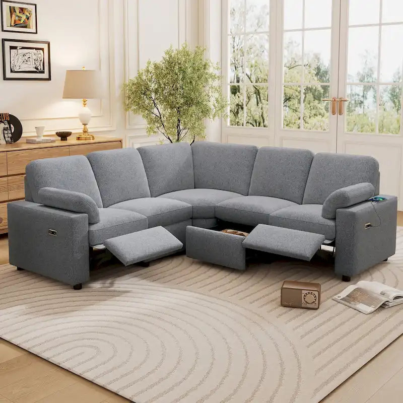 Canapé sectionnel inclinable électrique en forme de L gris, 5-6 places