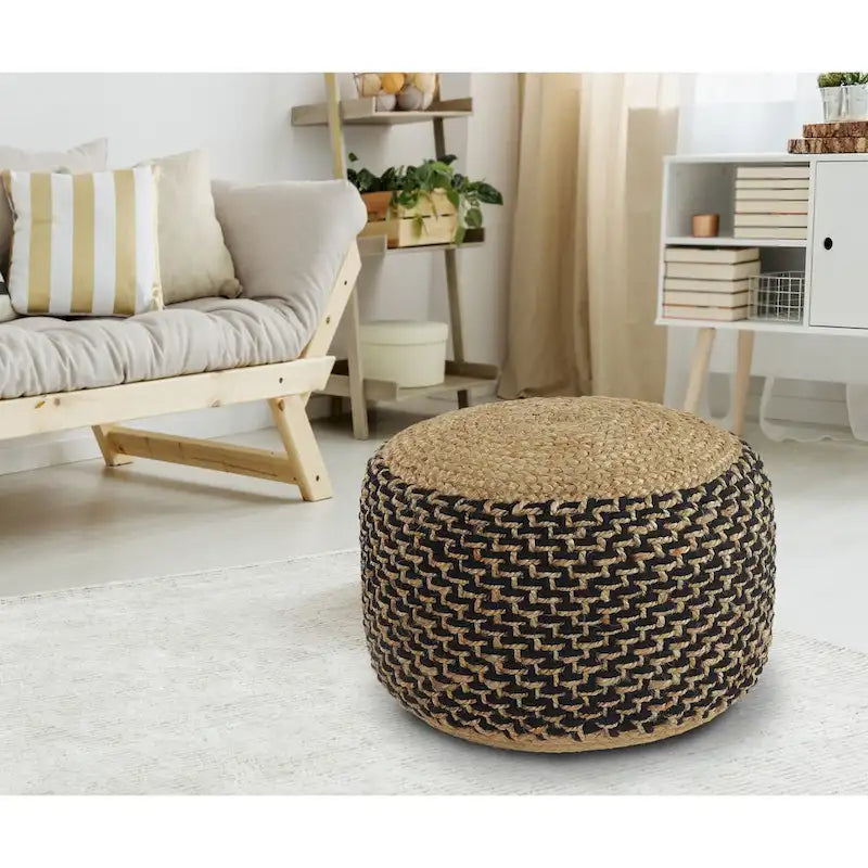 Pouf rond tressé marron et noir