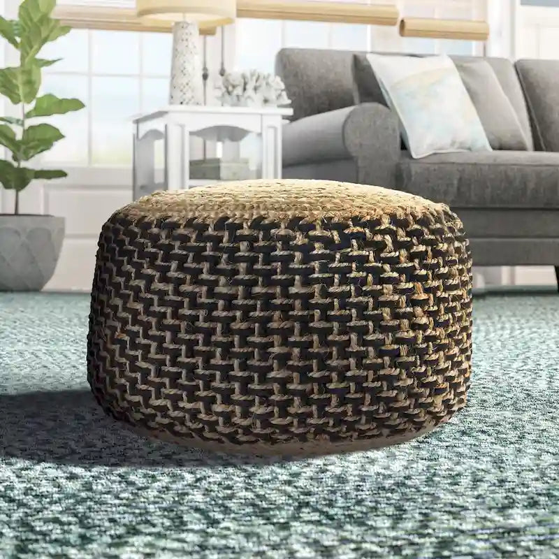 Pouf rond tressé marron et noir