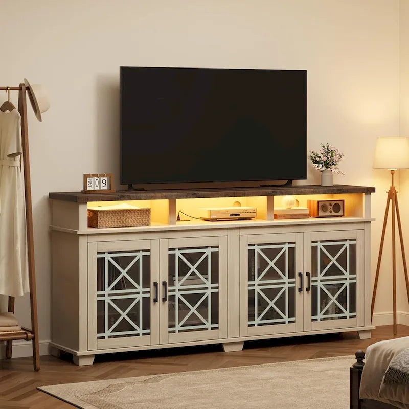 Meuble TV LED avec portes en verre gris pour téléviseurs jusqu'à 80", assemblage par 2 personnes