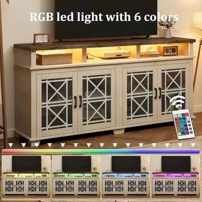 Meuble TV LED avec portes en verre gris pour téléviseurs jusqu'à 80", assemblage par 2 personnes