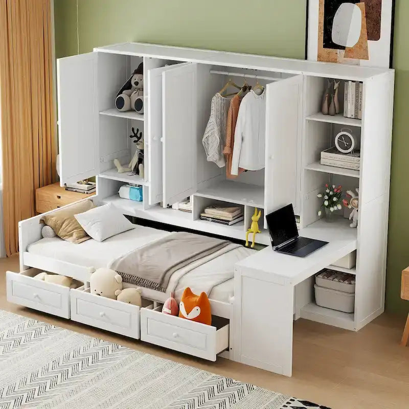 Lit de repos gris/blanc avec bureau et rangement – Lit simple/double, 1 personne