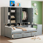 Wooden Daybed Frame All-in-One Bookcase Captains Bed with Storage Cabinet, Wardrobe, Side Writing Desk and 3 Bottom Drawers