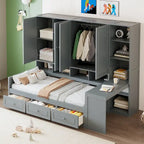 Lit de repos gris/blanc avec bureau et rangement – Lit simple/double, 1 personne