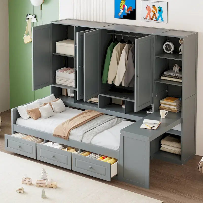 Lit de repos gris/blanc avec bureau et rangement – Lit simple/double, 1 personne