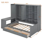Lit de repos gris/blanc avec bureau et rangement – Lit simple/double, 1 personne