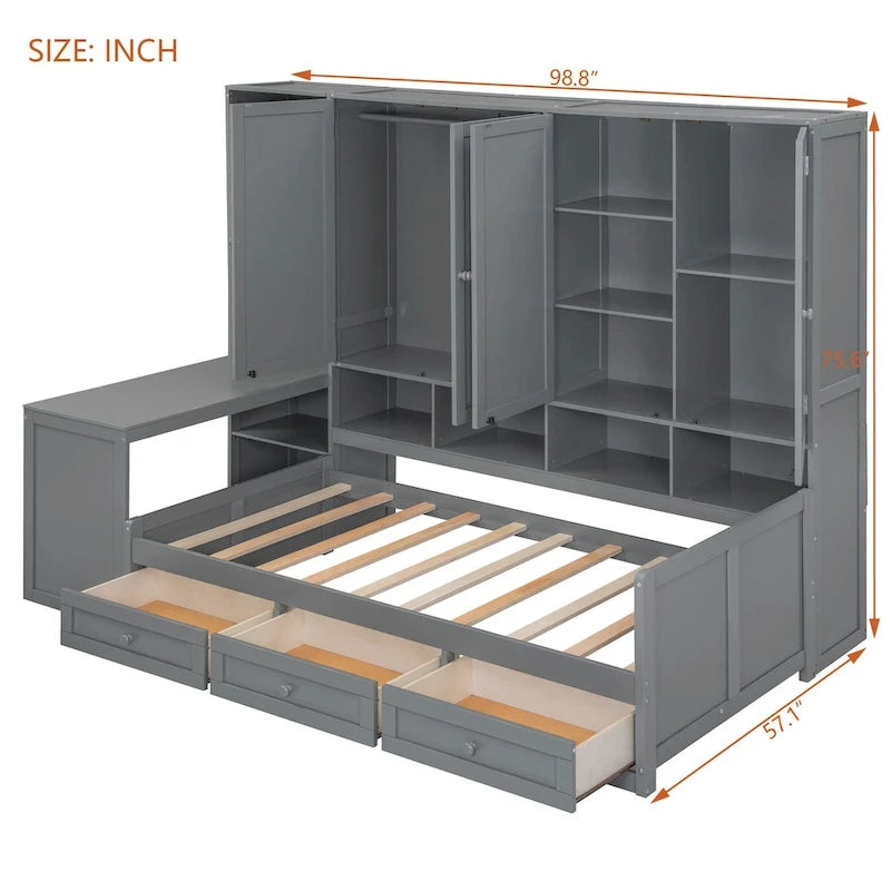 Lit de repos gris/blanc avec bureau et rangement – Lit simple/double, 1 personne