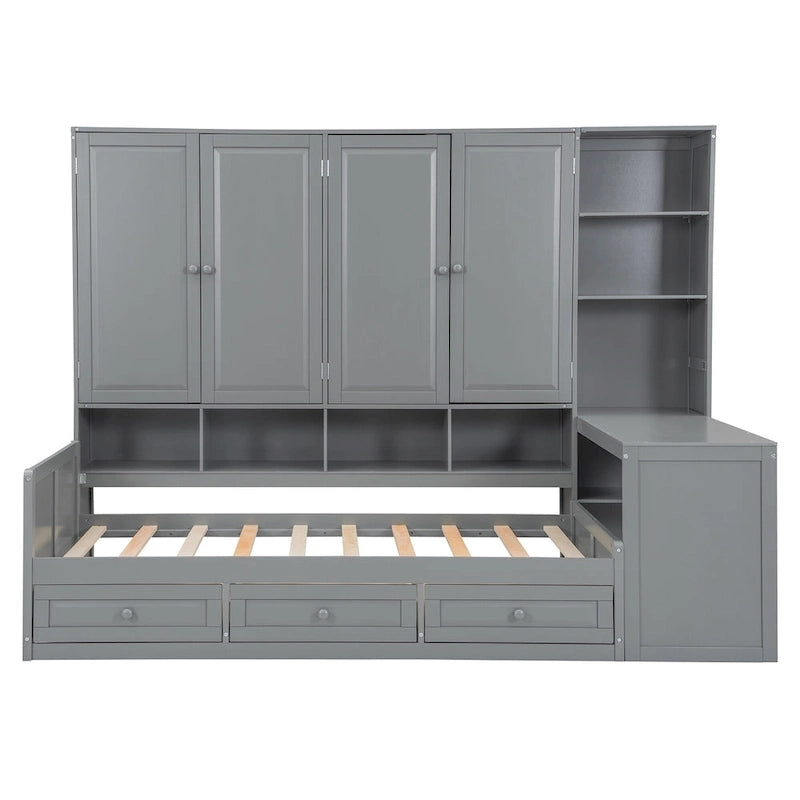 Lit de repos gris/blanc avec bureau et rangement – Lit simple/double, 1 personne