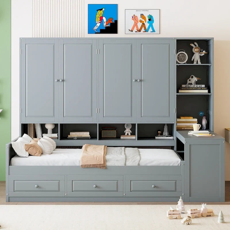 Lit de repos gris/blanc avec bureau et rangement – Lit simple/double, 1 personne