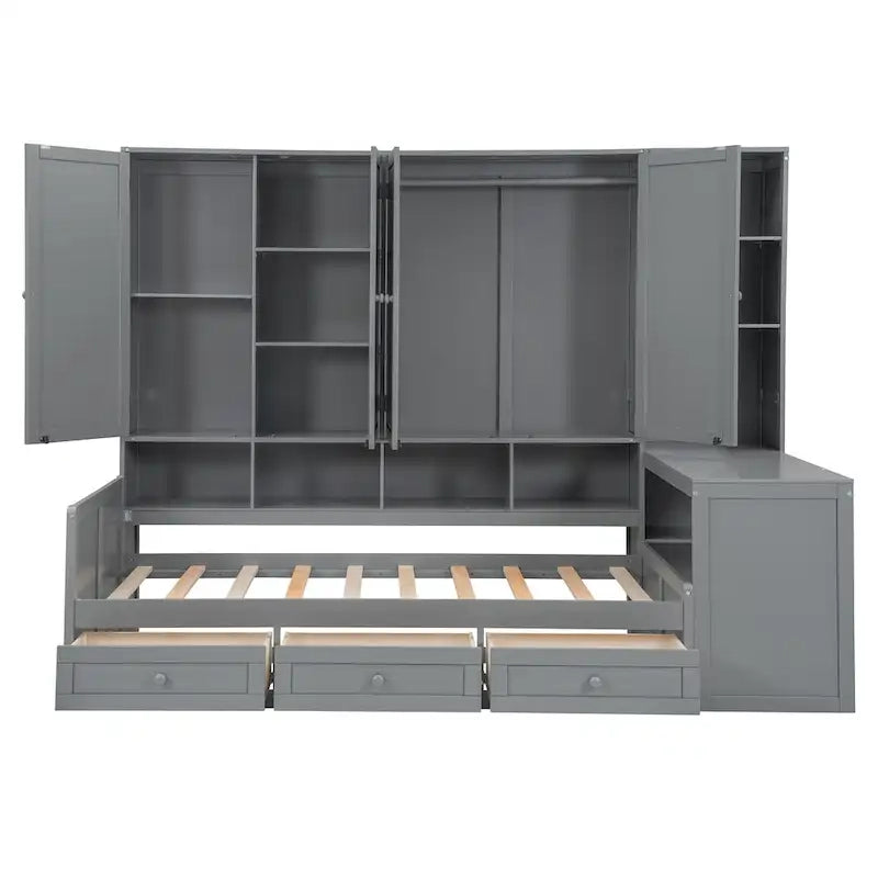 Lit de repos gris/blanc avec bureau et rangement – Lit simple/double, 1 personne
