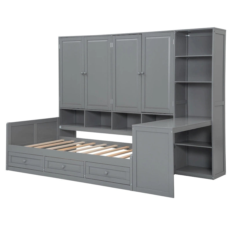 Lit de repos gris/blanc avec bureau et rangement – Lit simple/double, 1 personne