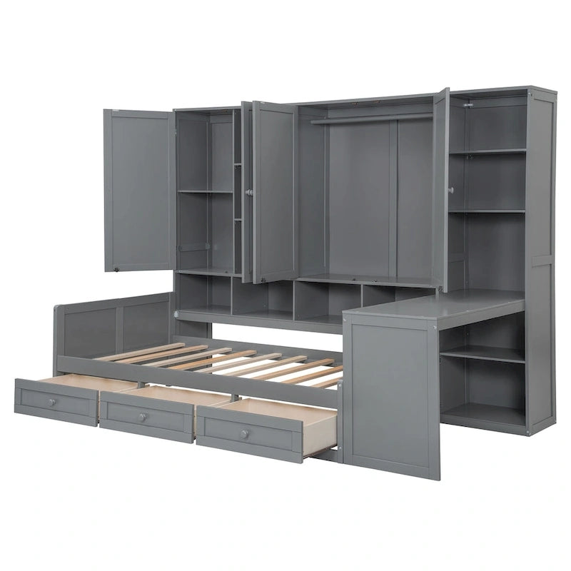 Lit de repos gris/blanc avec bureau et rangement – Lit simple/double, 1 personne