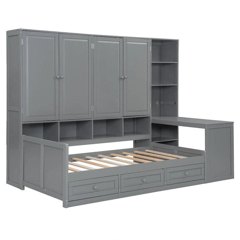 Lit de repos gris/blanc avec bureau et rangement – Lit simple/double, 1 personne