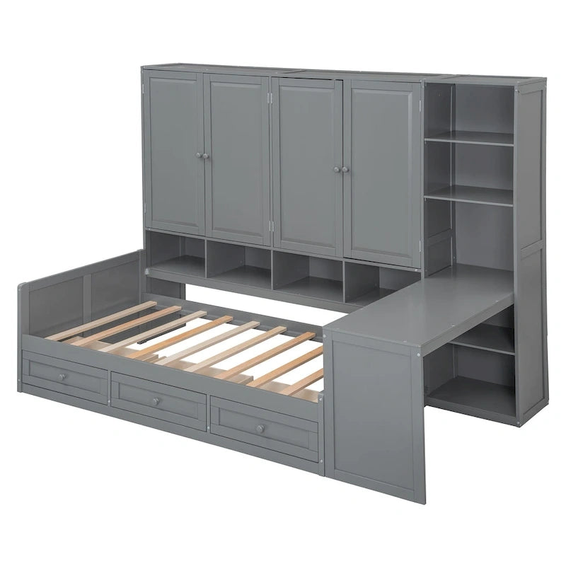 Lit de repos gris/blanc avec bureau et rangement – Lit simple/double, 1 personne