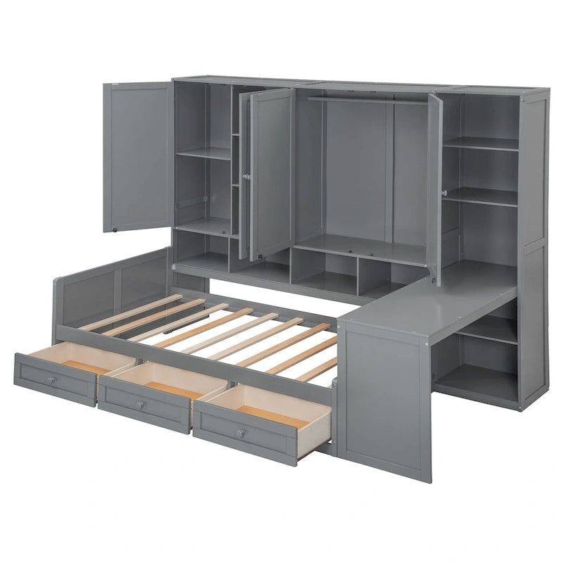 Lit de repos gris/blanc avec bureau et rangement – Lit simple/double, 1 personne