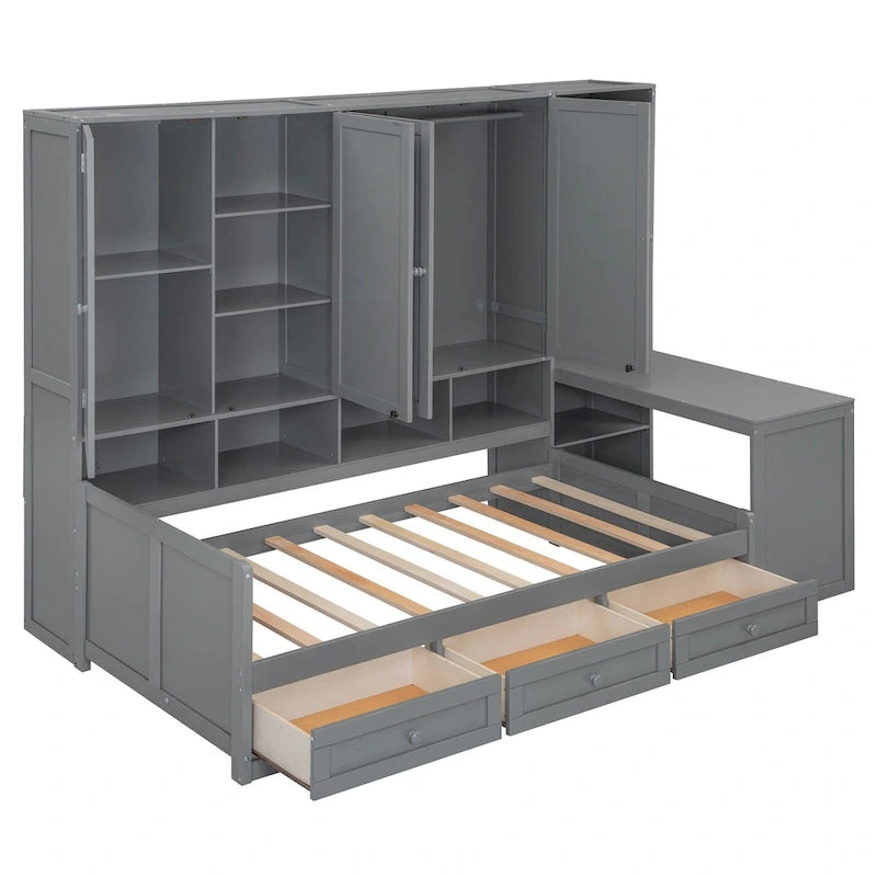 Lit de repos gris/blanc avec bureau et rangement – Lit simple/double, 1 personne