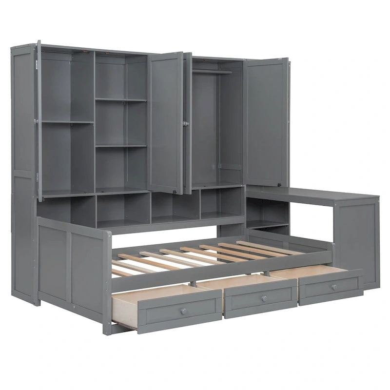 Lit de repos gris/blanc avec bureau et rangement – Lit simple/double, 1 personne