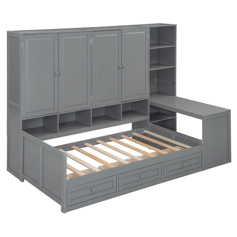 Lit de repos gris/blanc avec bureau et rangement – Lit simple/double, 1 personne