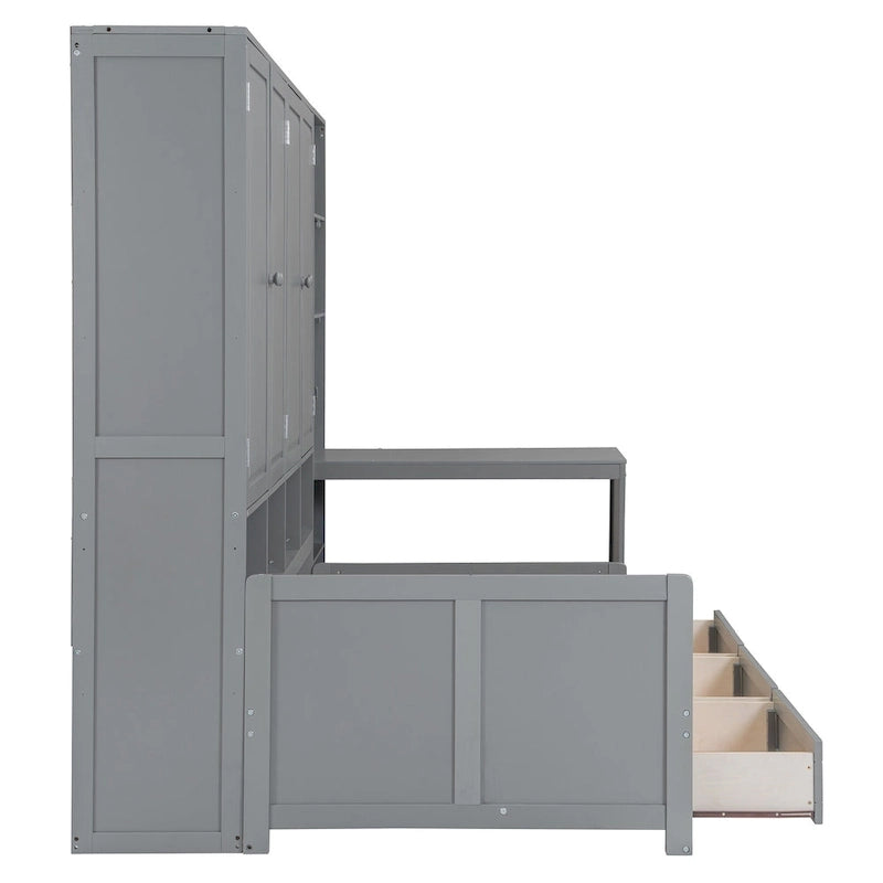 Lit de repos gris/blanc avec bureau et rangement – Lit simple/double, 1 personne