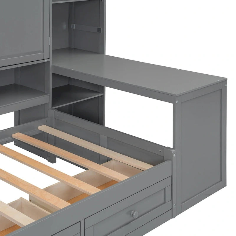 Lit de repos gris/blanc avec bureau et rangement – Lit simple/double, 1 personne