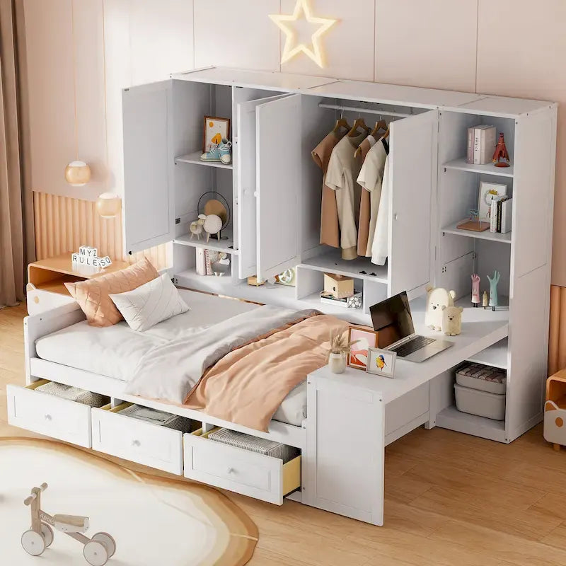 Lit de repos gris/blanc avec bureau et rangement – Lit simple/double, 1 personne