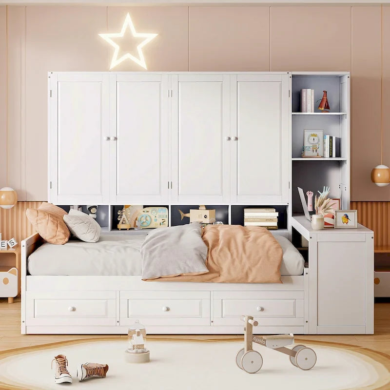 Lit de repos gris/blanc avec bureau et rangement – Lit simple/double, 1 personne