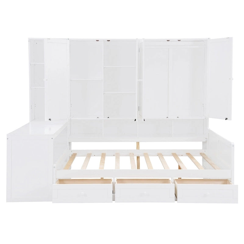 Lit de repos gris/blanc avec bureau et rangement – Lit simple/double, 1 personne