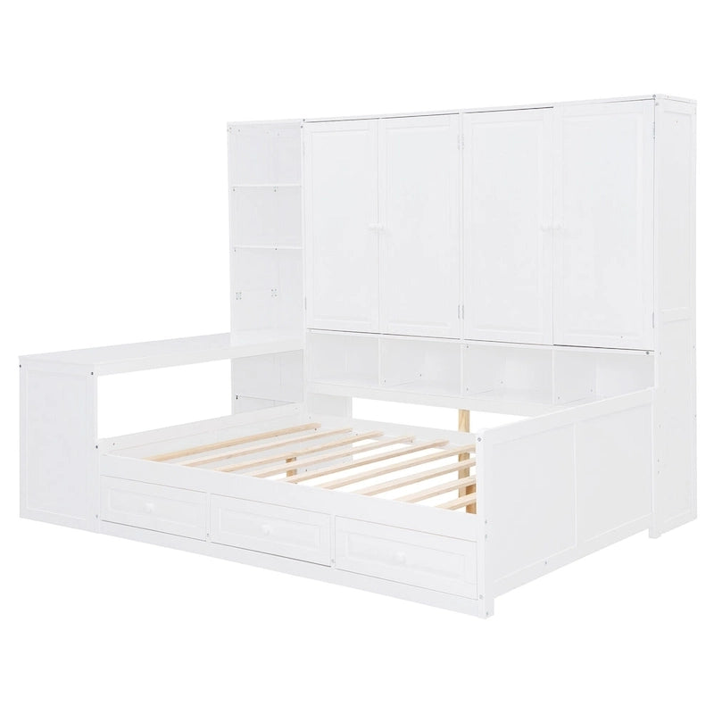 Lit de repos gris/blanc avec bureau et rangement – Lit simple/double, 1 personne