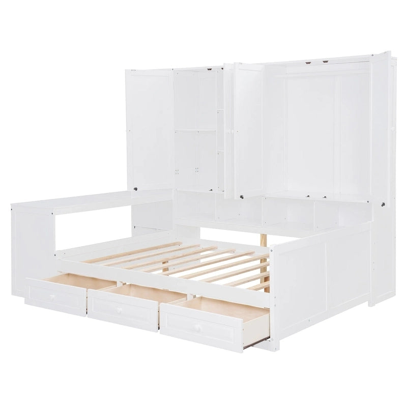 Lit de repos gris/blanc avec bureau et rangement – Lit simple/double, 1 personne